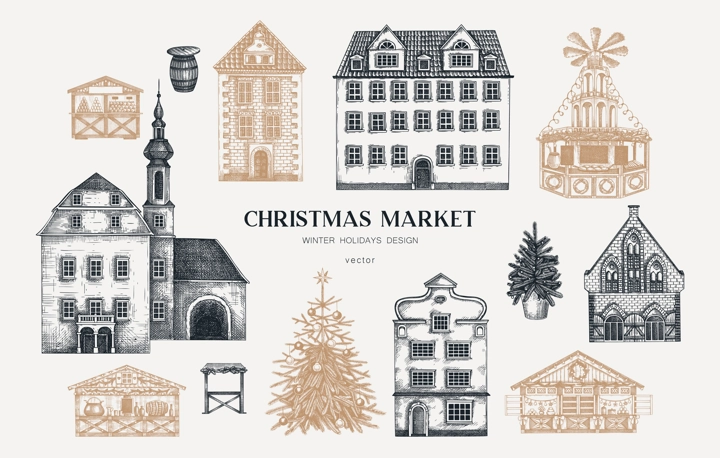 Vintage Christmas background. Architecture sketch. Christmas fair hand-drawn vector illustration.NOT AI generated